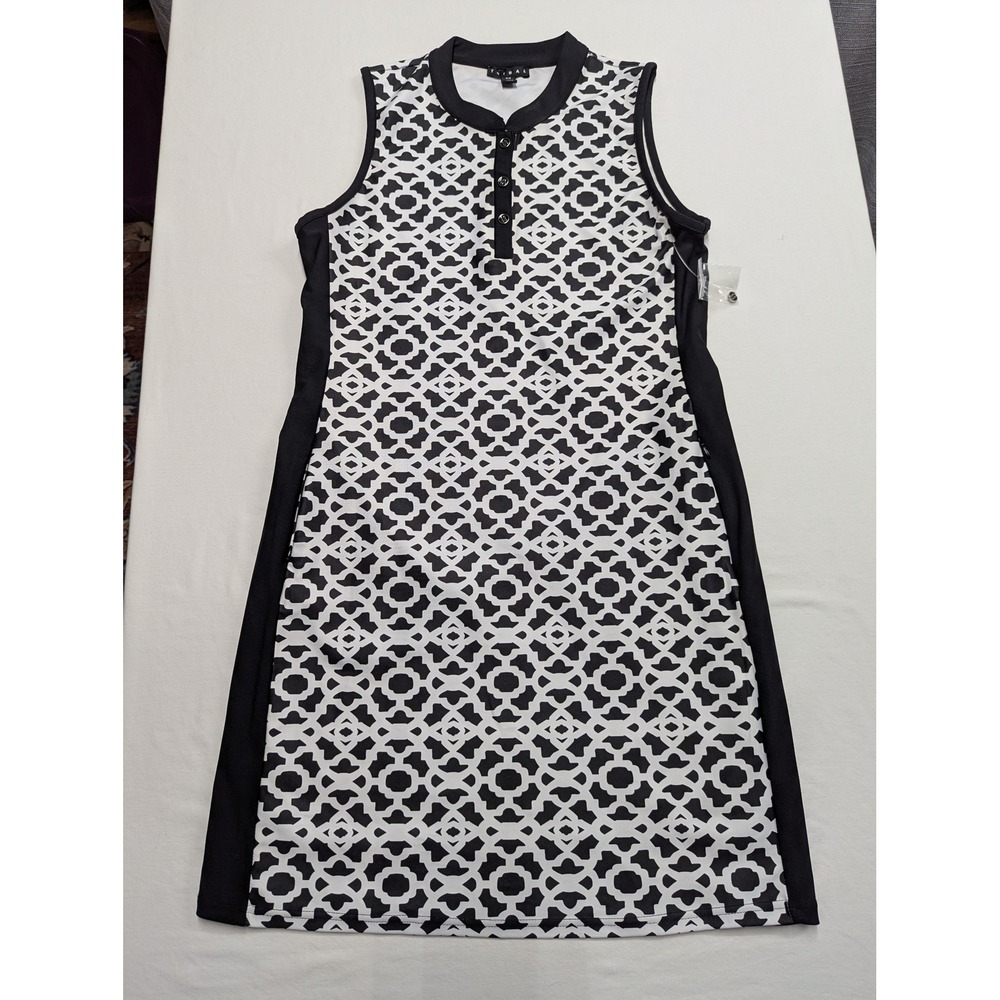 Tribal Black White Geometric Sleeveless Henley Shift Dress 3436O-2676 Small